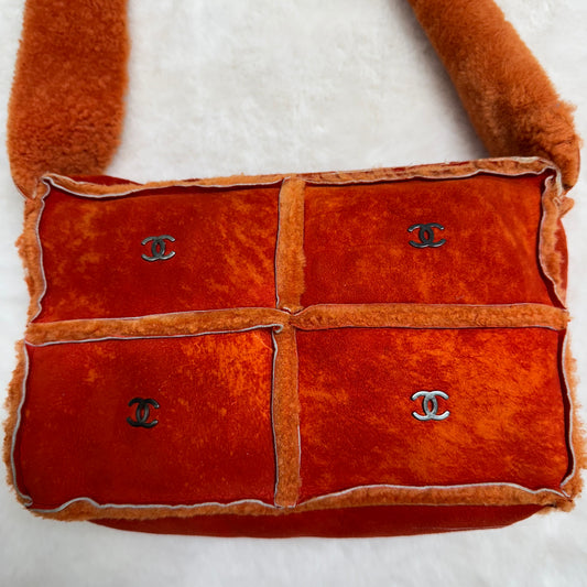 Chanel Orange Shearling and Suede Shoulder/Crossbody Bag
