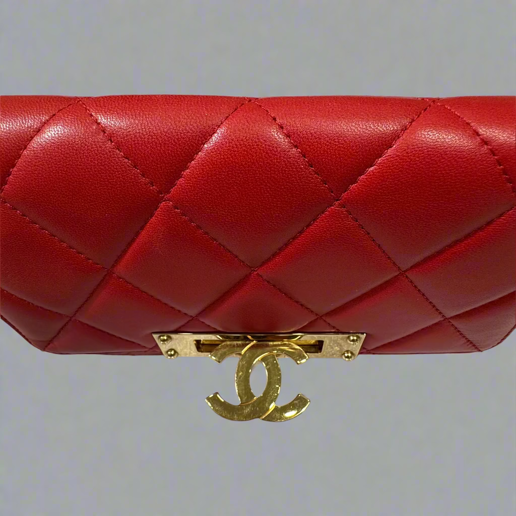 CHANEL large CC Logo clasp quilted red leather crossbody bag