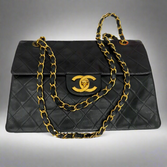 Chanel Black Lambskin Matelasse, Single Flap, Maxi Jumbo