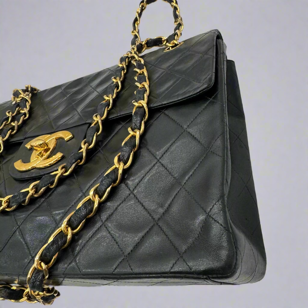 Chanel Black Lambskin Matelasse, Single Flap, Maxi Jumbo