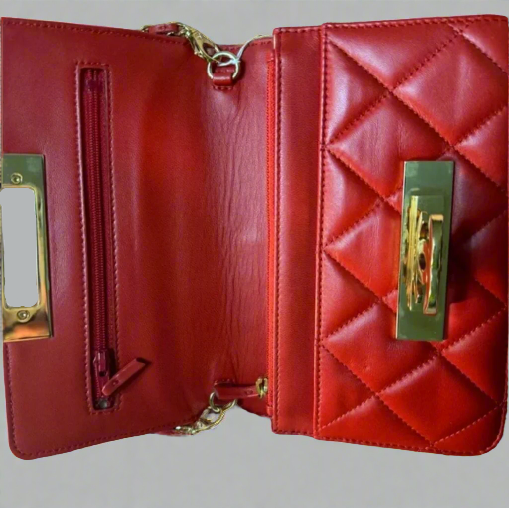 CHANEL large CC Logo clasp quilted red leather crossbody bag