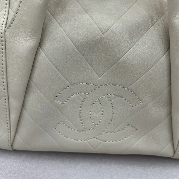 Chanel Cream Calfskin Chevron Boston Bowler Bag