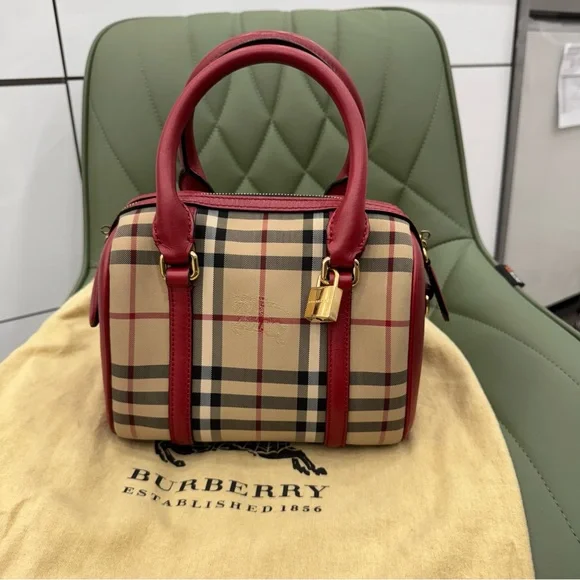 Burberry Red and Tan Satchel with Iconic NovaCheck Pattern