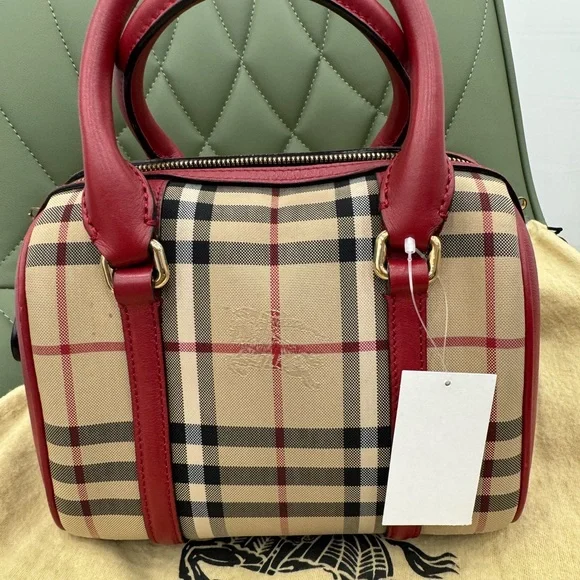 Burberry Red and Tan Satchel with Iconic NovaCheck Pattern
