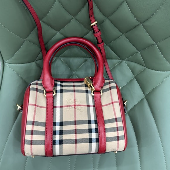 Burberry Red and Tan Satchel with Iconic NovaCheck Pattern