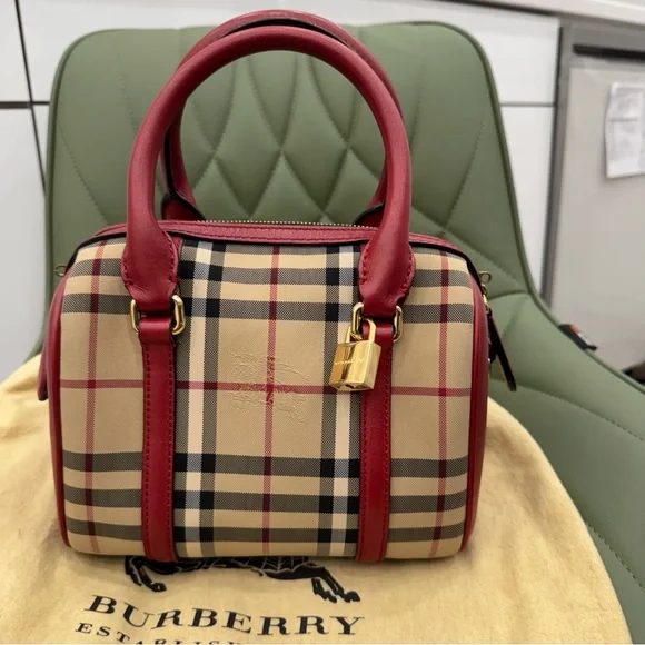 Burberry Red and Tan Satchel with Iconic NovaCheck Pattern