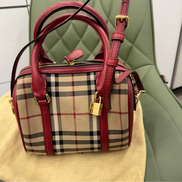 Burberry Red and Tan Satchel with Iconic NovaCheck Pattern