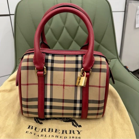 Burberry Red and Tan Satchel with Iconic NovaCheck Pattern