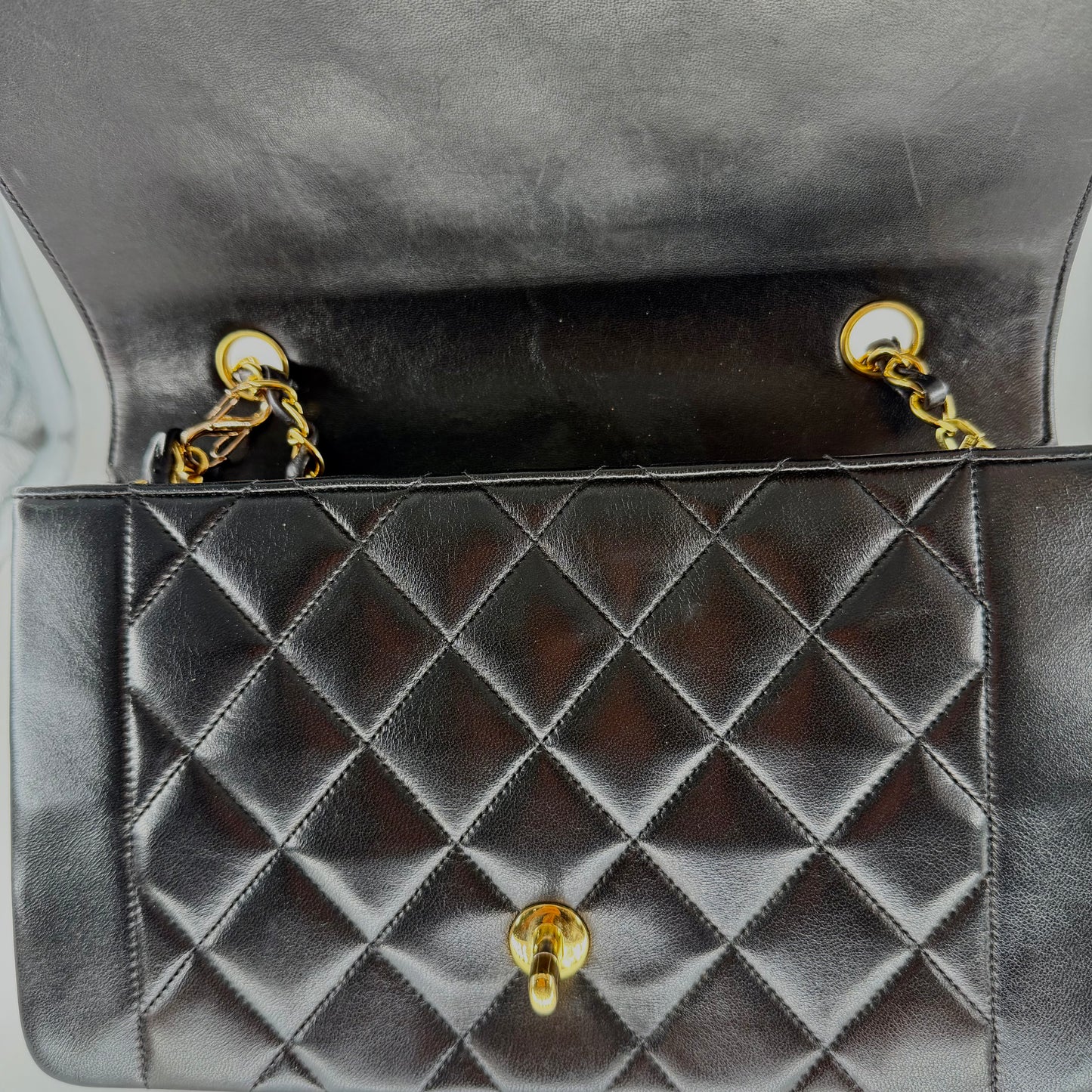 Chanel Black Lambskin Matelasse Diana Crossbody