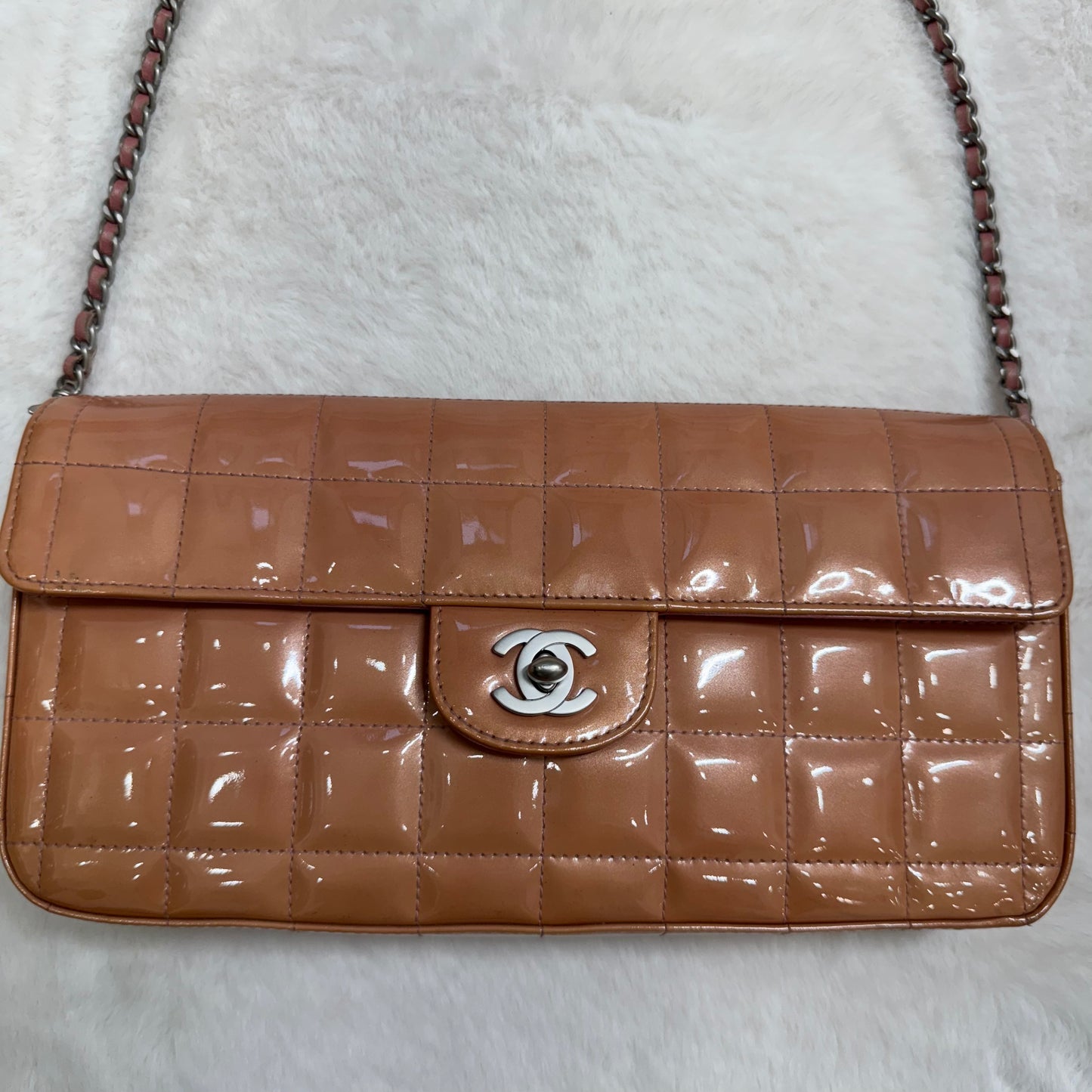 Chanel Peach Orange Patent Chocolate Bar Half Flap