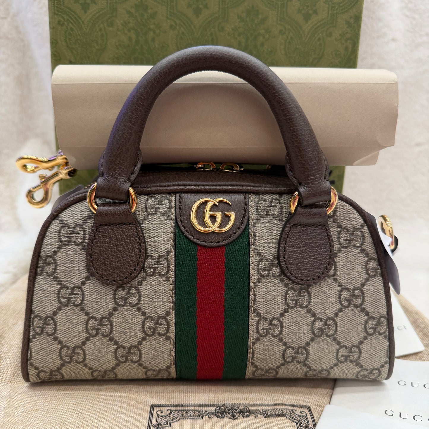 Gucci Beige/Dark Brown GG Monogram Mini Ophidia Top Handle/Bowler Bag (New)