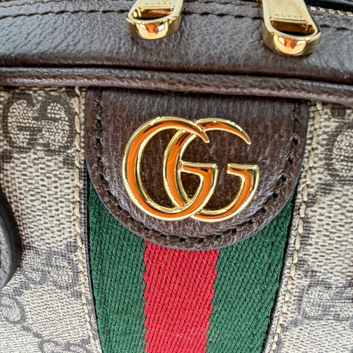 Gucci Beige/Dark Brown GG Monogram Mini Ophidia Top Handle/Bowler Bag (New)